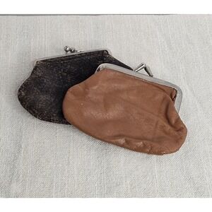 Vintage Brown Leather 2 Coin Purses Kiss Luck Metal Top Clasp